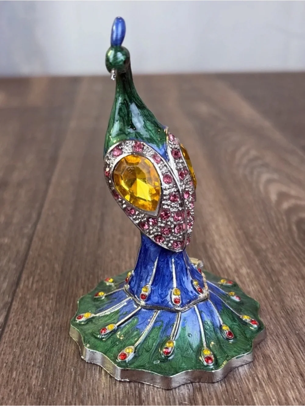 Enamel & Rhinestone Hinged Peacock Jewelry Pill Trinket Box Magnetic Metal